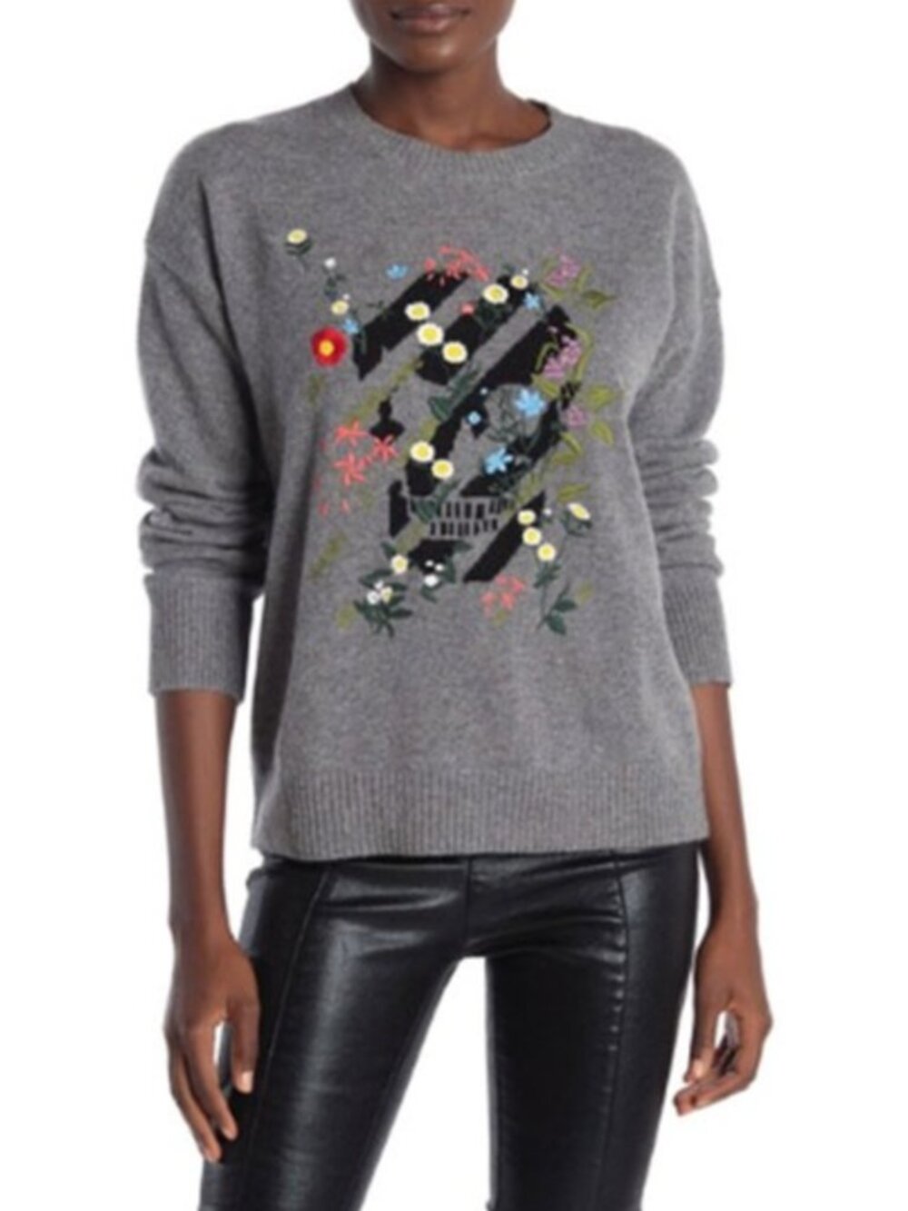 $368 Skull Cashmere Gray Multi Floral Embroidered Aji Sweater size Small
